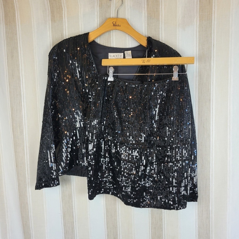 Black Tie Oleg Cassini Silk Beaded Skirt Suit Blazer Size 12 Black Matching Set